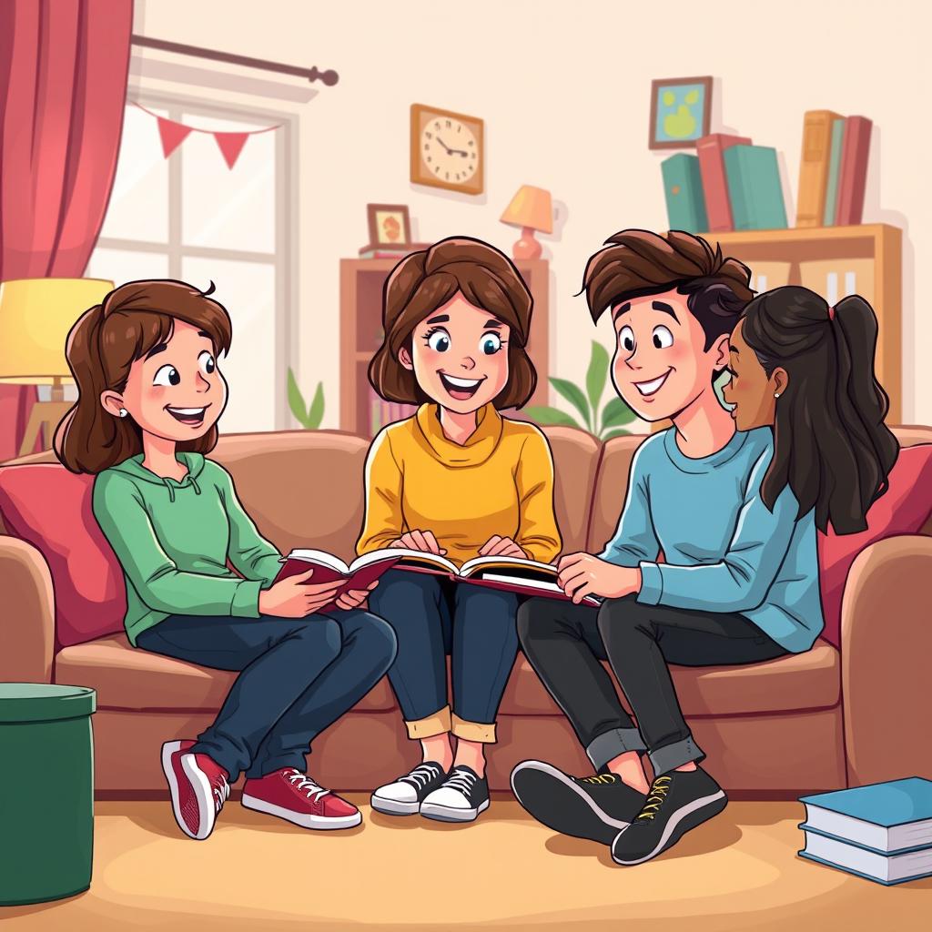 A heartwarming cartoon-style illustration showing Sarah, a caring mother in her 40s, engaged in a meaningful conversation with her two teenagers in a cozy living room setting