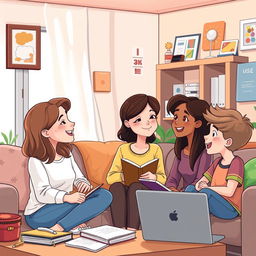 A heartwarming cartoon-style illustration showing Sarah, a caring mother in her 40s, engaged in a meaningful conversation with her two teenagers in a cozy living room setting