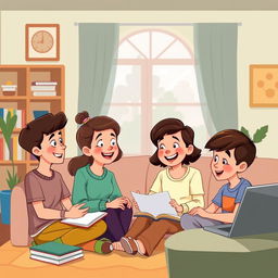 A heartwarming cartoon-style illustration showing Sarah, a caring mother in her 40s, engaged in a meaningful conversation with her two teenagers in a cozy living room setting