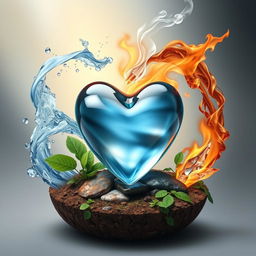 A realistic artistic representation of a glass heart at the center, surrounded by the four elemental forces: water, air, fire, and earth