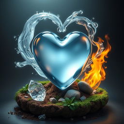 A realistic artistic representation of a glass heart at the center, surrounded by the four elemental forces: water, air, fire, and earth