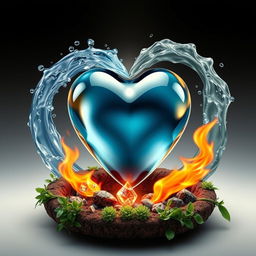 A realistic artistic representation of a glass heart at the center, surrounded by the four elemental forces: water, air, fire, and earth