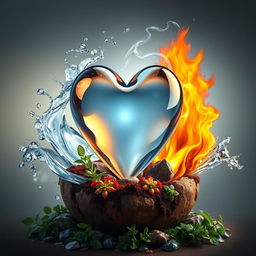 A realistic artistic representation of a glass heart at the center, surrounded by the four elemental forces: water, air, fire, and earth