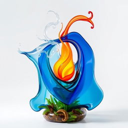 An exquisite glass art piece representing the four elemental forces: water, air, fire, and earth
