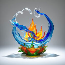 An exquisite glass art piece representing the four elemental forces: water, air, fire, and earth