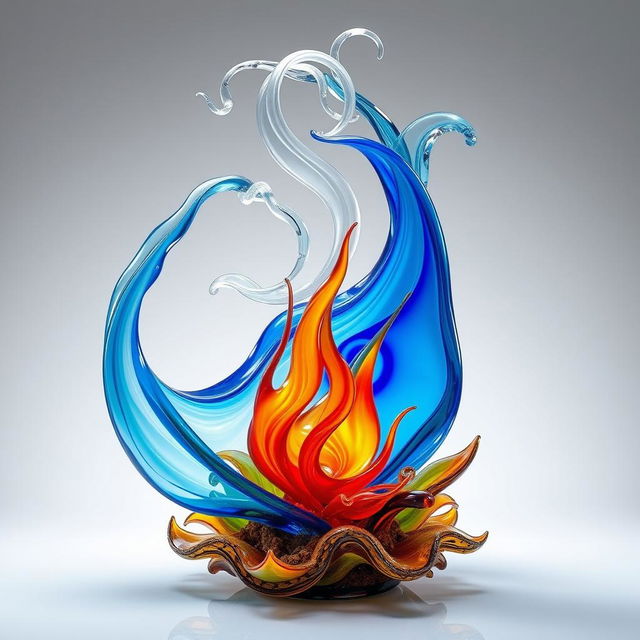 An exquisite glass art piece representing the four elemental forces: water, air, fire, and earth