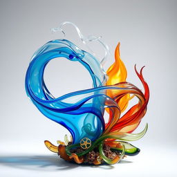 An exquisite glass art piece representing the four elemental forces: water, air, fire, and earth