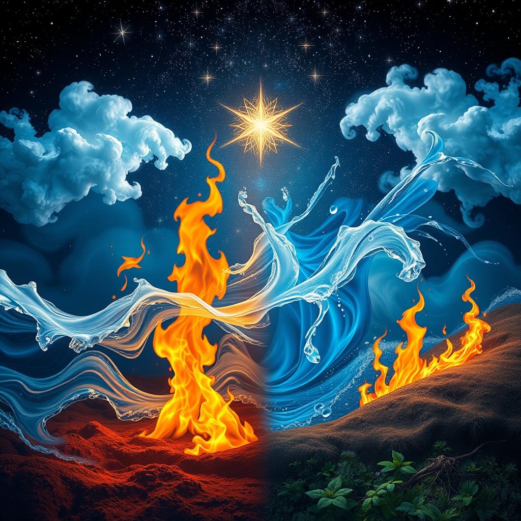 An enchanting representation of the four elemental forces: water, air, fire, and earth, intertwined with a cosmic theme under a starlit sky