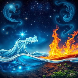 An enchanting representation of the four elemental forces: water, air, fire, and earth, intertwined with a cosmic theme under a starlit sky