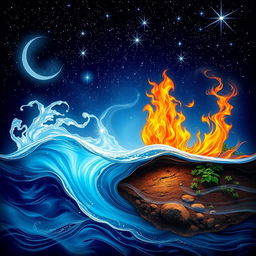 An enchanting representation of the four elemental forces: water, air, fire, and earth, intertwined with a cosmic theme under a starlit sky