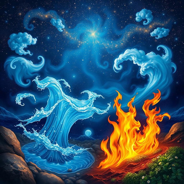 An enchanting representation of the four elemental forces: water, air, fire, and earth, intertwined with a cosmic theme under a starlit sky