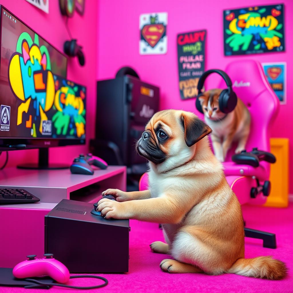 A vibrant pink gaming background featuring a playful scene with a puggle dog and a cat, both engaged in gaming activities