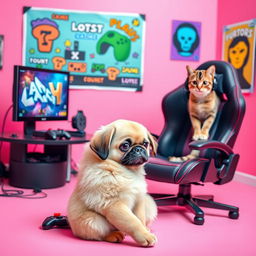 A vibrant pink gaming background featuring a playful scene with a puggle dog and a cat, both engaged in gaming activities