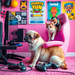 A vibrant pink gaming background featuring a playful scene with a puggle dog and a cat, both engaged in gaming activities