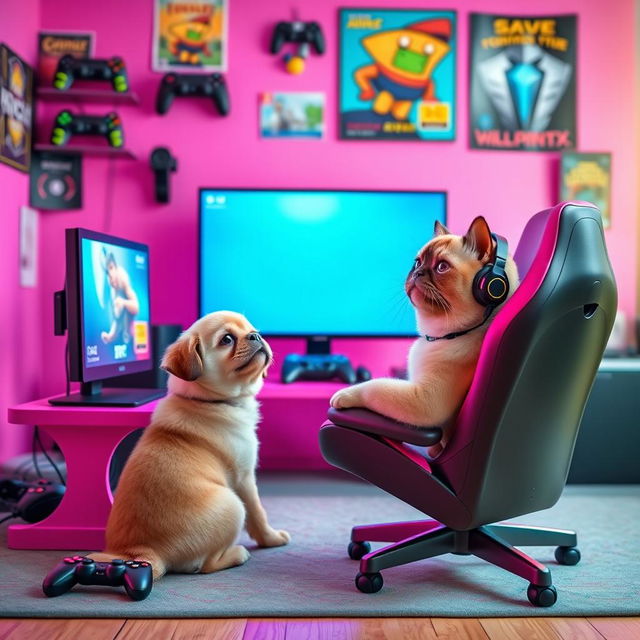 A vibrant pink gaming background featuring a playful scene with a puggle dog and a cat, both engaged in gaming activities