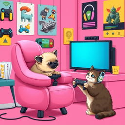 A lively pink gaming background featuring an adorable echidna puggle and a cat, both immersed in gaming fun