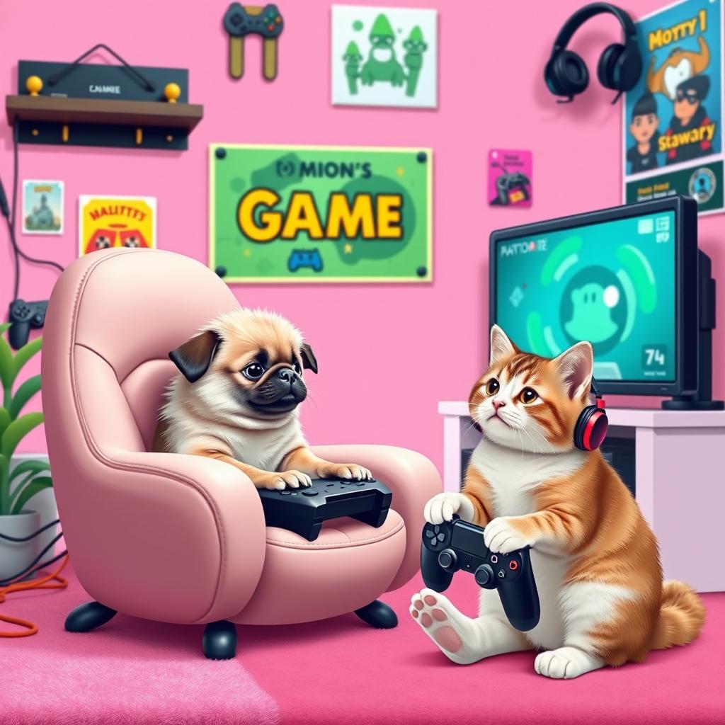 A lively pink gaming background featuring an adorable echidna puggle and a cat, both immersed in gaming fun