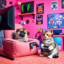 A lively pink gaming background featuring an adorable echidna puggle and a cat, both immersed in gaming fun