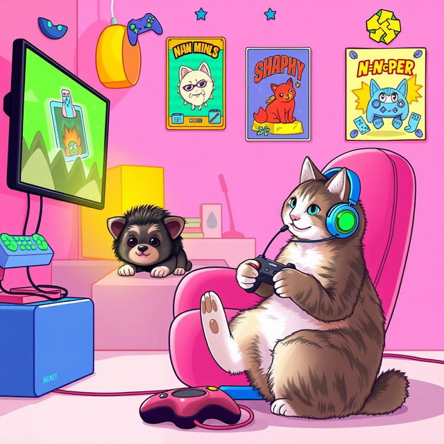 A lively pink gaming background featuring an adorable echidna puggle and a cat, both immersed in gaming fun