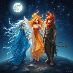A captivating scene depicting the four elements as human-like figures under a starlit night sky