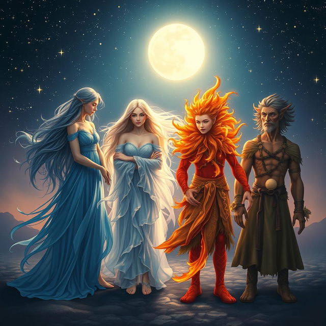 A captivating scene depicting the four elements as human-like figures under a starlit night sky