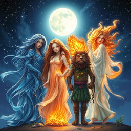 A captivating scene depicting the four elements as human-like figures under a starlit night sky