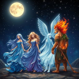 A captivating scene depicting the four elements as human-like figures under a starlit night sky