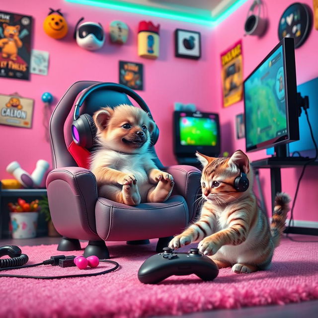 A lively pink gaming background featuring an adorable echidna puggle and a playful kitten, both engaged in a gaming adventure