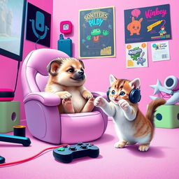 A lively pink gaming background featuring an adorable echidna puggle and a playful kitten, both engaged in a gaming adventure