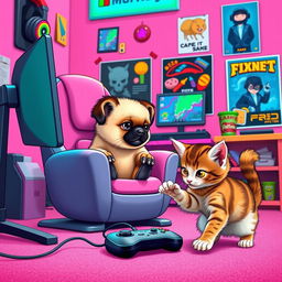 A lively pink gaming background featuring an adorable echidna puggle and a playful kitten, both engaged in a gaming adventure