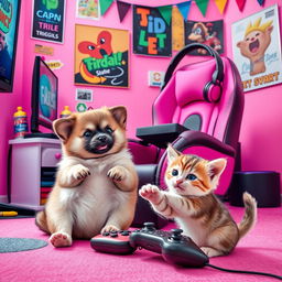 A lively pink gaming background featuring an adorable echidna puggle and a playful kitten, both engaged in a gaming adventure