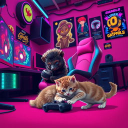 A captivating dark pink gaming background featuring a delightful scene with a puggle echidna and a playful kitten, both deeply engaged in their gaming session