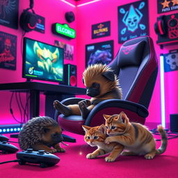 A captivating dark pink gaming background featuring a delightful scene with a puggle echidna and a playful kitten, both deeply engaged in their gaming session