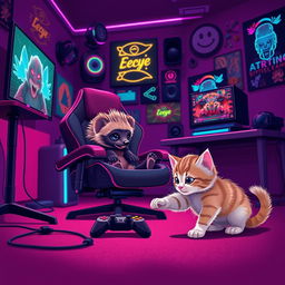 A captivating dark pink gaming background featuring a delightful scene with a puggle echidna and a playful kitten, both deeply engaged in their gaming session