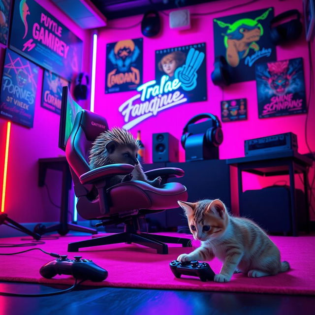 A captivating dark pink gaming background featuring a delightful scene with a puggle echidna and a playful kitten, both deeply engaged in their gaming session