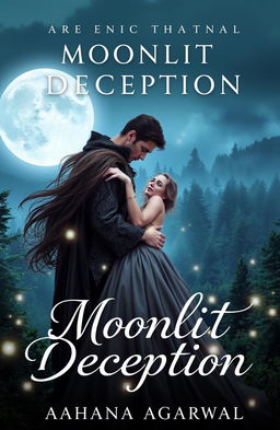 A romantic and fantasy themed book cover for 'Moonlit Deception' by Aahana Agarwal
