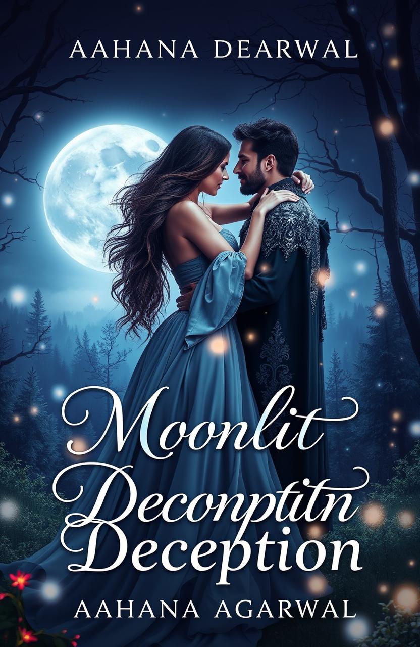 A romantic and fantasy themed book cover for 'Moonlit Deception' by Aahana Agarwal