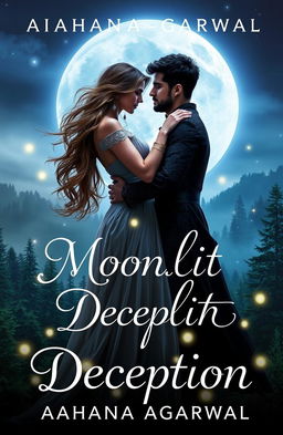 A romantic and fantasy themed book cover for 'Moonlit Deception' by Aahana Agarwal