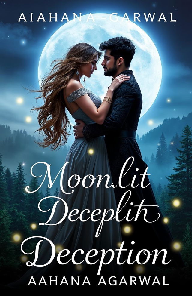 A romantic and fantasy themed book cover for 'Moonlit Deception' by Aahana Agarwal