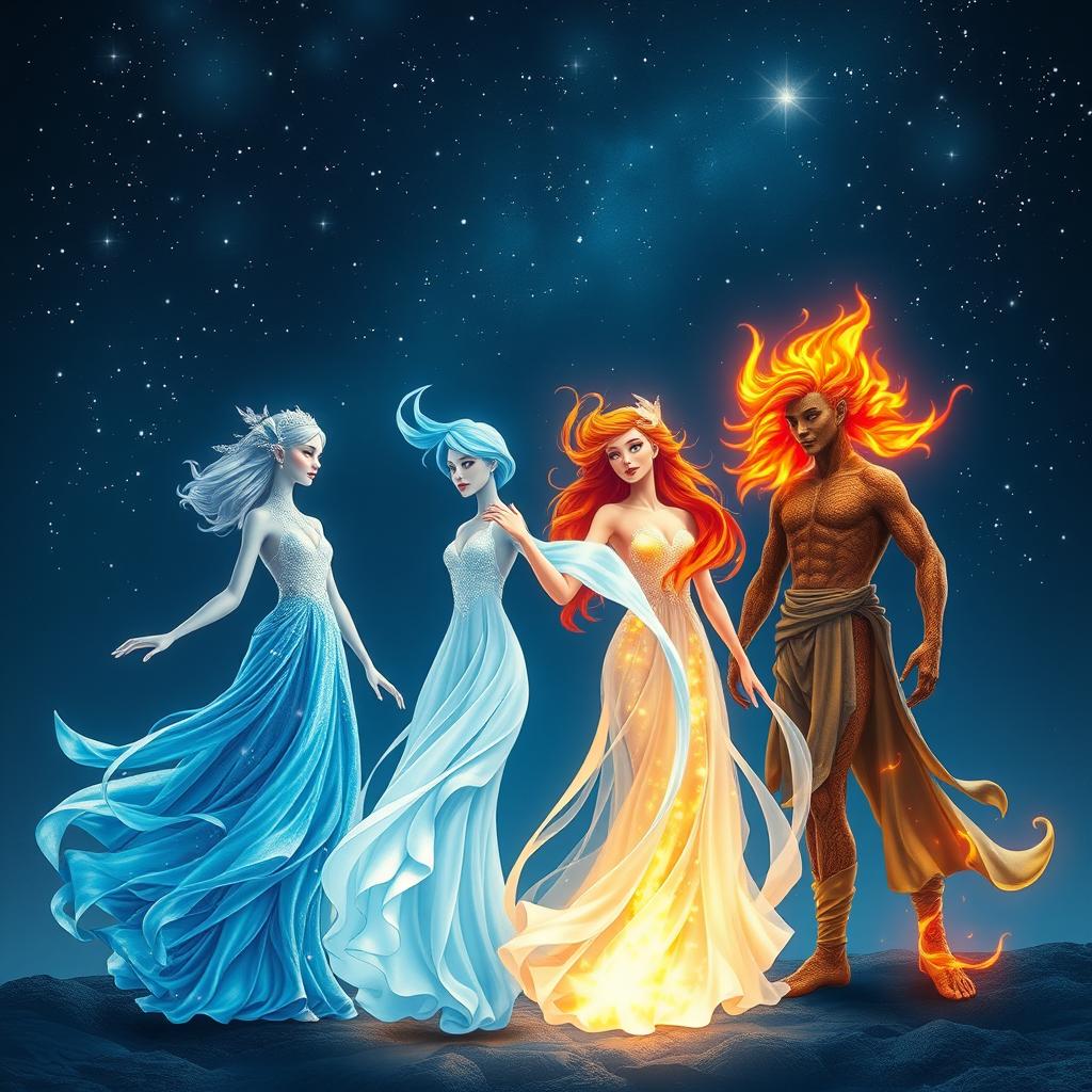 A magical night scene depicting the four elements—water, air, fire, and earth—transforming into human-like figures under a starry sky