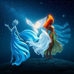 A magical night scene depicting the four elements—water, air, fire, and earth—transforming into human-like figures under a starry sky
