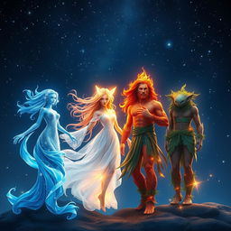 A magical night scene depicting the four elements—water, air, fire, and earth—transforming into human-like figures under a starry sky