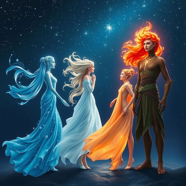 A magical night scene depicting the four elements—water, air, fire, and earth—transforming into human-like figures under a starry sky