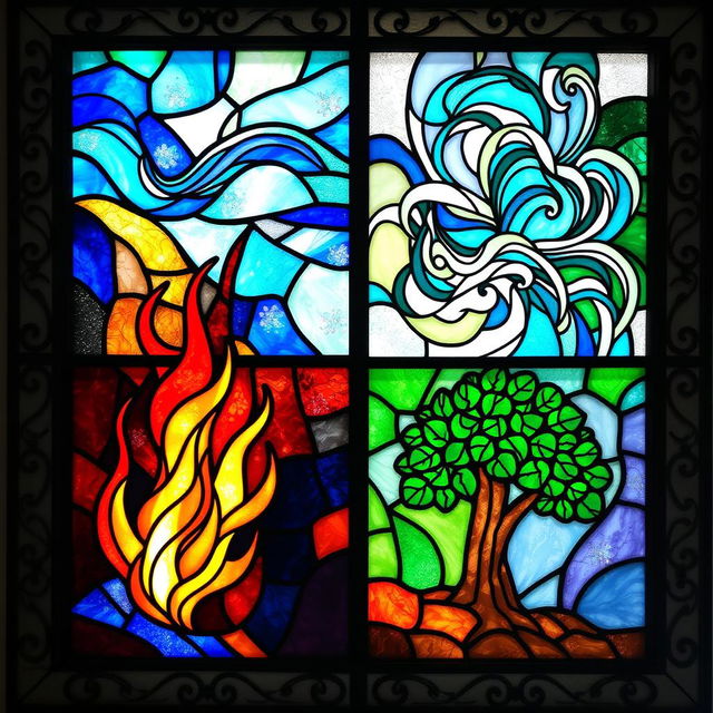 A stunning stained glass artwork depicting the four elements: water, air, fire, and earth