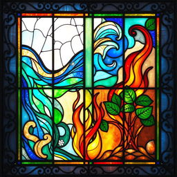 A stunning stained glass artwork depicting the four elements: water, air, fire, and earth