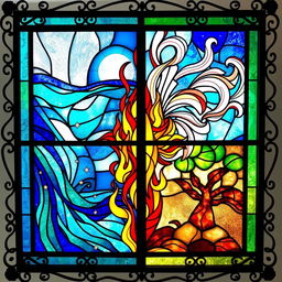 A stunning stained glass artwork depicting the four elements: water, air, fire, and earth