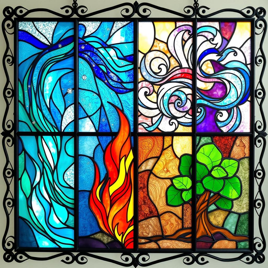 A stunning stained glass artwork depicting the four elements: water, air, fire, and earth