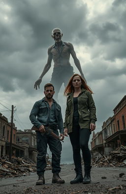 A man and a woman standing together in a dystopian town, surrounded by crumbling buildings and debris, with a gloomy atmosphere
