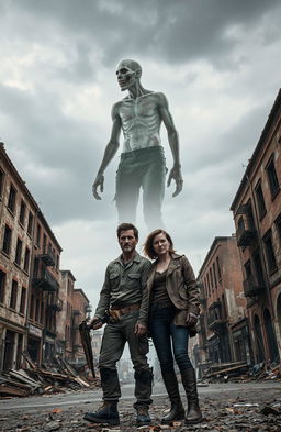 A man and a woman standing together in a dystopian town, surrounded by crumbling buildings and debris, with a gloomy atmosphere