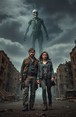A man and a woman standing together in a dystopian town, surrounded by crumbling buildings and debris, with a gloomy atmosphere